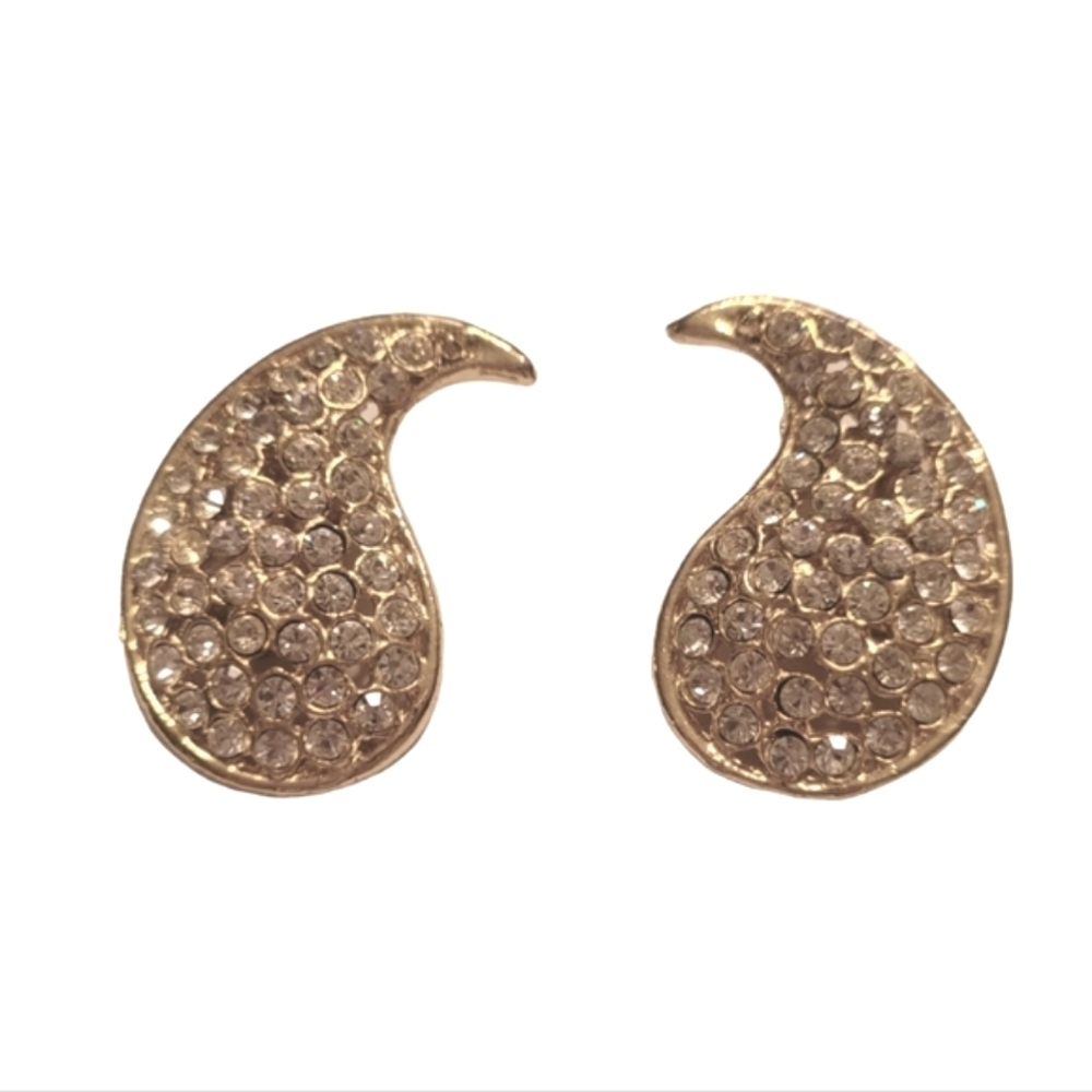 Vintage - 80's Rhinestone Encrusted Gold Paisley Earrings